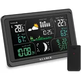 Klamer Wetterstation Funk mit Außensensor, Digitale Funkwetterstation, Temperaturwarnung, Raumthermometer innen und außen, Wecker, Barometer, RCC Fun...