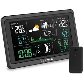 Klamer Wetterstation Funk mit Außensensor, Digitale Funkwetterstation, Temperaturwarnung, Raumthermometer innen und außen, Wecker, Barometer, RCC Fun...