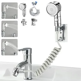 stoat STOAT®Waschbecken-Duschkopf, Handbrause-Set mit Schlauch und Duschkopfhalter und Wasserhahnspender, Handbrause für Waschbecken,waschbeckenbraus... - Silber/Weiß