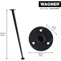 WAGNER Möbelbein/Möbelfuß schräg 80er JAHRE STIL - Ø 65 x 710 mm, Stahl schwarz matt, filigran, Retro Look - 12557101