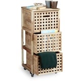 Relaxdays Rollcontainer Holz mit 3 Fächern Walnuss HBT: ca. 91,5 x 40,4 x 40,4 cm Utensilienwagen Rollregal Wäschebox Holz Schrank rollbarer Schubladenschrank, natur