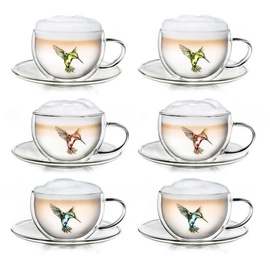 Creano 6er-Set Thermo-Tassen "Hummi" für Tee/Latte Macchiato, doppelwandig, mit Kolibri-Muster | 250ml in exklusiver Geschenkpackung