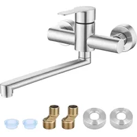 Druuzyl Wasserhahn Wandmontage 360° Drehbare Edelstahl Wasserhahn Küche Wandarmatur, Kalt und Heiß Einhebelmischer Küchenarmatur Wandmontage 225mm Schwenkarm für Ausgussbecken Gebürstet