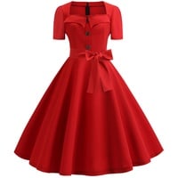 Dyhxuan 50er Rockabilly Petticoat Kleider Damen Retro Tupfen Druck Abendkleid Quadratischer Kragen Kurzarm Swing Kleid Partykleid Mit Bogen Knöpfe Ballkleid Cocktailkleid Brautjungfern Kleid