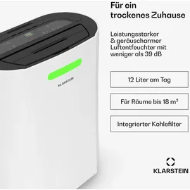 Klarstein AeroDry Smart 12L Luftentfeuchter 12L/Tag 18 m2 Feuchtigkeitssensor App-Steuerung 135 m3/h Weiß