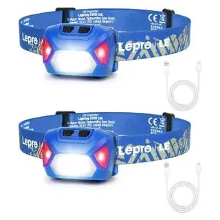 Lepro Stirnlampe LED, wiederaufladbar, 300 Lumen, mit Grün- und Rotlicht, wasserfest, 2 Stk