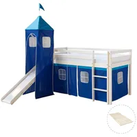 Homestyle4u Hochbett 90x200 mit Vorhang Lattenrost Rutsche und Turm Tunnel Blau, Holz Kiefer Spielbett