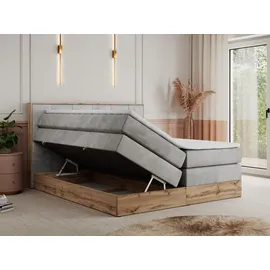 MKS Meble King Boxspringbett 180x200 mit Bettkasten Eiche, Polsterbett 180x200 mit Matratze H3, Bett 180x200 mit Kopfteil, Bett mit Holzrahmen in W... - Hellgrau