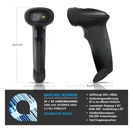 Aplic Handscanner Wireless Barcode Scanner 2.4 GHz 1D 2D, 2000 mAh, inkl. Standfuß