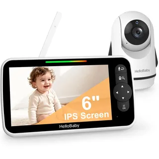 HelloBaby 6-Zoll Video-Babyphone, Großes Display mit Kamera und Audio, 4000-mAh-Batterie und ECO-Modus, Nachtsicht, Kein WiFi, Zwei-Wege-Kommunikation und 8 Schlaflieder, Fernbedienbare PTZ-Kamera