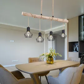 GLOBO LED Hängeleuchte Esszimmerlampe Deckenleuchte Pendellampe, Holz Balken, Hanfseil, Retroleuchte Vintage Rustikal, 4-Flammig, 4x E27 Filament LED warmweiß, Länge 100 cm