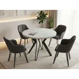 Runder Tisch in Weißer Marmoroptik für das Esszimmer - 100 oder 120 cm Durchmesser - Ausziehbarer Tisch mit Pulverbeschichteten Schwarzen Metallb... - Weiß/Hellgrau