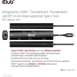 Club 3D USB4 Gen3x2 Typ-C, 6-in-1 Hub HDMI 8K60Hz oder 4K120Hz, 2xUSB Typ-A 100W