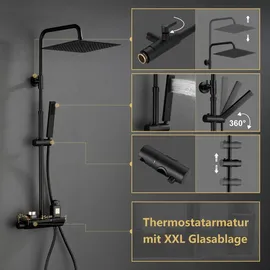 Görbach Duschsystem mit Thermostat Schwarz 20x20 cm