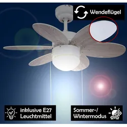 Sulion Leise Deckenventilator Lampe E27 Wohnzimmer Ventilator Leuchte Weiß Kiefer 76 cm 76