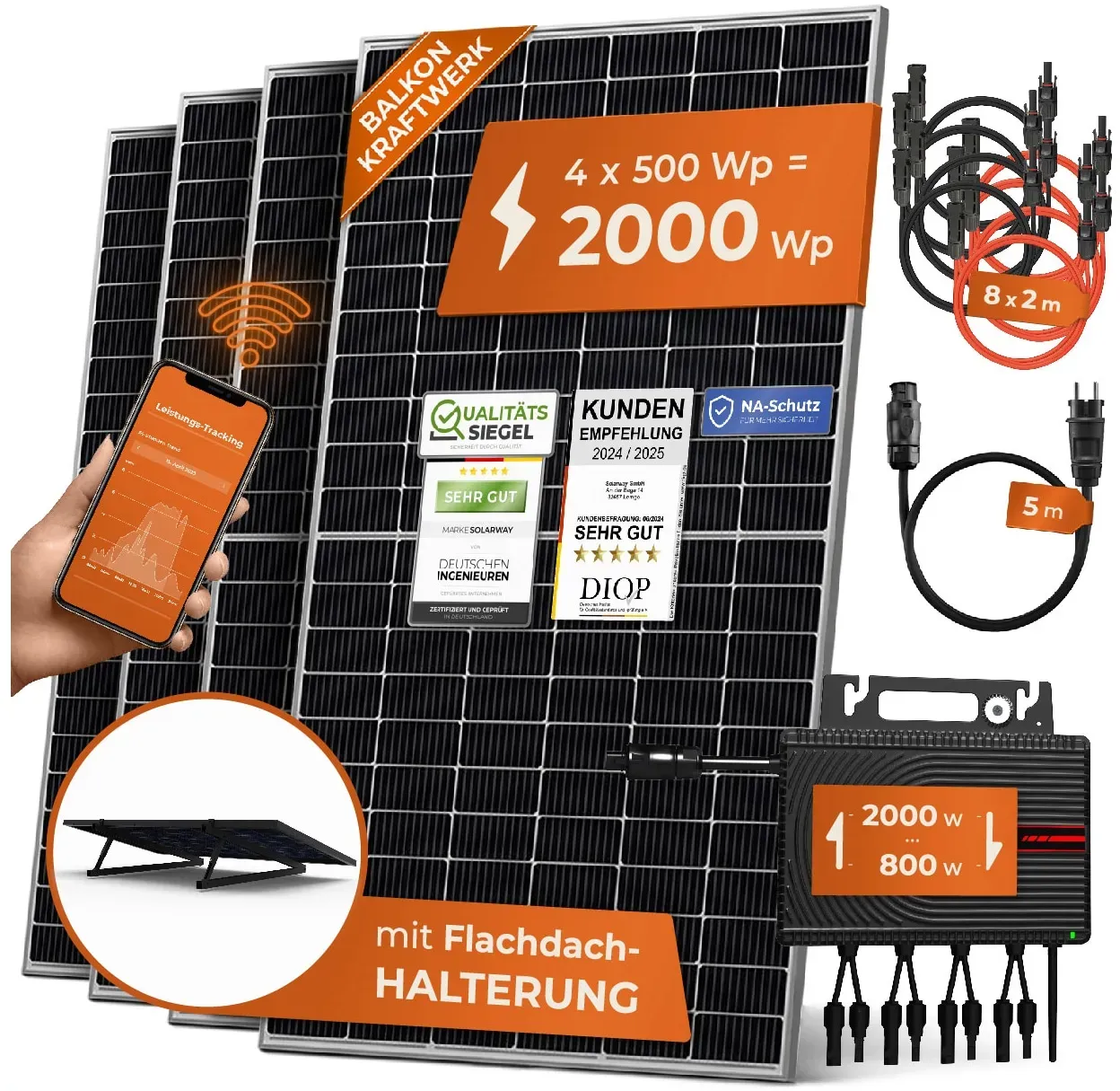 Solarway Balkonkraftwerk 2000W komplett Steckdose - neuester 2000W Wechselrichter - 500W Solarmodule & Envertech & Zubehör