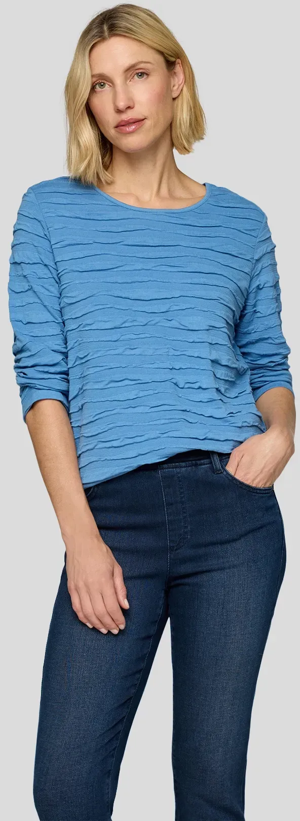 3/4-Arm-Shirt RABE, Damen, Gr. 50, blau (hellblau), Jersey, Obermaterial: 68% Viskose, 28% Polyester, 4% Elasthan, Strukturmuster, regular fit taillenbedeckt, Rundhals, Shirts 3/4-Arm-Shirt, mit Struktur Muster