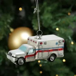 Weihnachtsbaumschmuck Krankenwagen Rettungswagen Glas L: 11cm weiß