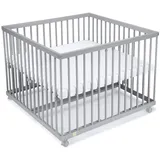 FabiMax Laufgitter 100x100 cm mit Matratze CLASSIC, 3-fach höhenverstellbar, Parkettrollen, Buche, grau lackiert