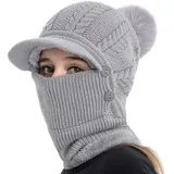 TOEECY Damen Mütze Winter Strickmütze&Halswärmer-Sets Warme Schal Mütze Set Strickschal Winddichte Cap mit Kunstpelz Bommel Mütze & Schal Set mit Fleecefutter Verstellbare Mützen mit Visier (Grau) - Einheitsgröße