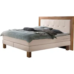 Boxspringbett HASENA "Rustico", beige (beige, wildeiche natur), B:204cm L:206cm, Komplettbetten, Boxspringbett, Umrandung in Wildeiche, Punktsteppung im Kopfteil, Federkernmatraze