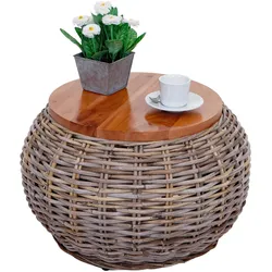 Beistelltisch HWC-M30, Rattantisch Blumentisch Kaffeetisch Loungetisch Holztisch, rund 33x49x49cm, Kubu Rattan natur