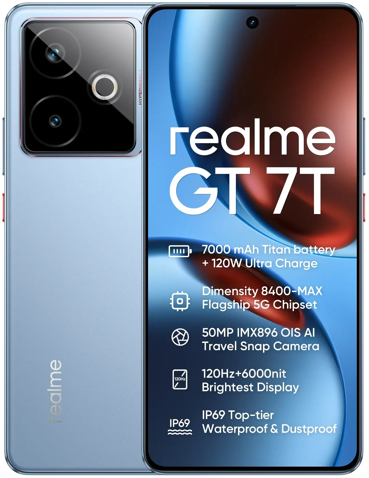 Neues Realme GT 7T 5G Smartphone 50MP IMX896 OIS Kamera Abmessung 8400-MAX Chipsatz 6,78 Zoll AMOLED 120Hz 7000mAh 120W Aufladen