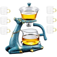DOPWii Teekanne Hitzebeständiges Kung-Fu-Glas-Teeset, halbautomatische Hirsch-Glas-Teekanne mit 6 Teetassen und Heizung blau