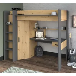 Parisot 2380-LSUR Hochbett mit Kleiderschrank und Schreibtisch – Eiche Artisan/Schwarzgrau (ca. 205 x 179 x 117 cm)