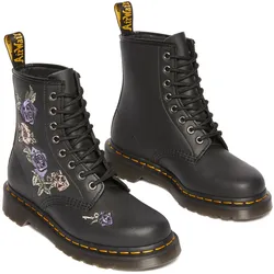 Schnürboots DR. MARTENS "Vonda", Damen, Gr. 42, schwarz, lila geblümt, Lederimitat, geblümt, modisch, Schuhe, Boots, Festival-Boots, Stiefel mit hochwertiger Blüten-Stickerei