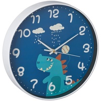 Relaxdays Wanduhr Dinosaurier, Ø 29,5 cm, Dino Uhr für Kinder, Kinderzimmeruhr Jungen & Mädchen, Kinderuhr Wand, blau