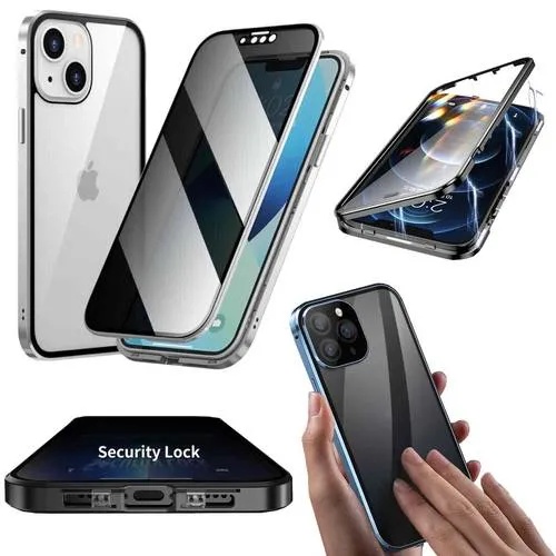 Für Apple iPhone 15 Beidseitiger 360 Grad Magnet / Glas Privacy Mirror Case Hülle Handy Tasche Bumper Silber