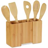 Relaxdays Küchenutensilienhalter aus Bambus, 5er Set Kochlöffel, ausziehbarer Besteckhalter HBT: 17 x 25 x 10 cm, Natur
