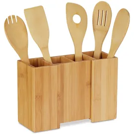 Relaxdays Küchenutensilienhalter aus Bambus, 5er Set Kochlöffel, ausziehbarer Besteckhalter HBT: 17 x 25 x 10 cm, Natur