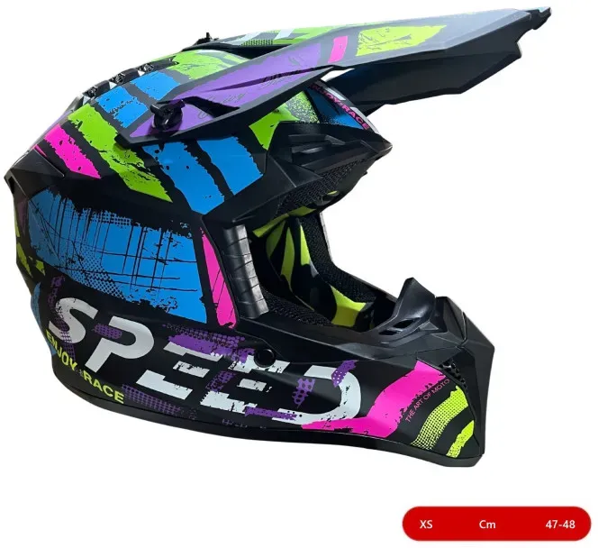 Kindermotocross-/Enduro-Helm für Motorrad, ATV, Fahrrad – Größe XS (47–48 cm), matt schwarz mit mehrfarbigem Design