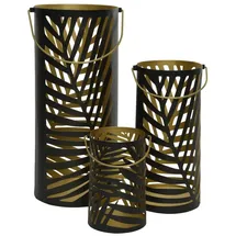 MARELIDA Windlicht Set Blattmotiv Farn Metall Schwarz/Gold