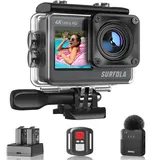 Surfola Action Cam 4K 60FPS Unterwasserkamera, WiFi, 40M wasserdichte Kamera, 170° Einstellbarer Weitwinkel, EIS Helmkamera, Dual-Screen-Camcorder mit kabellosem Mikrofon und 2 Batterien