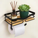 JOLY FANG Toilettenpapierhalter mit Natürlichem Bambus Ablage, Klopapierhalter ohne Bohren, Selbstklebend or Bohren Klorollenhalter, Wandmontage WC Papier Halterung für Badzimmer und Küche, Schwarz