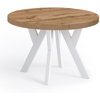 Runder Ausziehbarer Tisch für Esszimmer, PERO, Loft-Stil, Skandinavische, Durchmesser: 90 / 140 cm, Farbe: Eiche Wotan / Weiß