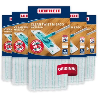 Leifheit Wischbezug CLEAN Twist M Ergo/Power CLEAN M Micro Duo 5er Set, Bodenwischer Ersatzbezug für Fliesen und Laminat, Mikrofaser Bezug