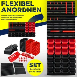Masko MASKO® Wandregal + Stapelboxen + Werkzeughalter 45 tlg Box Erweiterbar Werkstattregal Lagerregal Steckregal, Set Box Sichtlagerkästen Schüttenregal Hängeregal Sortimentskasten Kleinteilemagazin