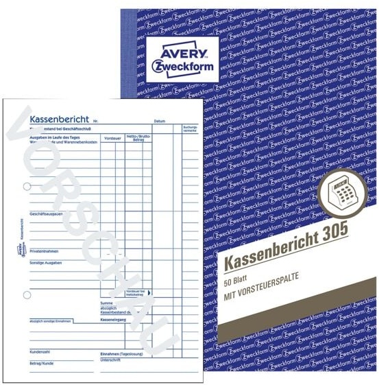 AKTION: 5er-Pack Formularbuch »Kassenbericht 305« weiß, Avery Zweckform, 14.8x21 cm