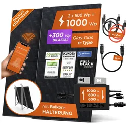 Solarway® Balkonkraftwerk 1000W komplett Steckdose - neuester 1000 Watt Wechselrichter - Solaranlage Komplettset - 500W bifaziale Solarmodule & Envertech & Zubehör