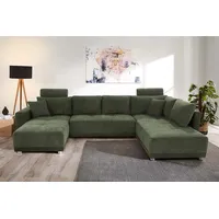 Wohnlandschaft JOCKENHÖFER GRUPPE "Orlando U-Form" Sofas Gr. B/H/T: 337cm x 69cm x 180cm, Luxus-Microfaser-Chenille, Ottomane beidseitig montierbar, mit Bettfunktion mit Bettkasten, grün mit Federkern, Bettfunktion und Bettkasten, inklusive 2 Kopfstützen