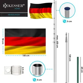 Kesser KESSER® Teleskop Fahnenmast Aluminium 6,30m Bodenhülse 60cm inkl Deutschlandfahne Höhenverstellbar Flaggenmast Mast Deutschland Flagge Alu Silber