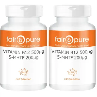 Fair & Pure Vitamin B12 500 μg mit 5-MTHF 200 μg, 240 Tabletten, schluckfreundlich, Nahrungsergänzungsmittel vegan ohne Magnesiumstearat, in Deutschland hergestellt (Packung mit 2)