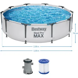 BESTWAY Steel Pro Max Frame Pool Set 305 x 76 cm lichtgrau inkl. Filterpumpe