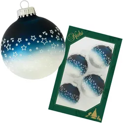 Krebs Glas Lauscha Blau/Silberpearl schattiert 7cm Glaskugel mit weißer Glitter-Sterne-Banddekoration