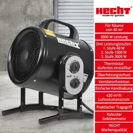 Hecht 3422 Heizlüfter 2in1 Ventilator | 3000 W | bis 40 m2 | Isolierter Tragegriff | Thermostat - Schwarz