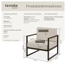 Tectake tectake® Garten-Loungesessel, Dicke des Sitzpolsters 14 cm, pulverbeschichtetes Stahlgestell, 74 x 78 x 85 cm